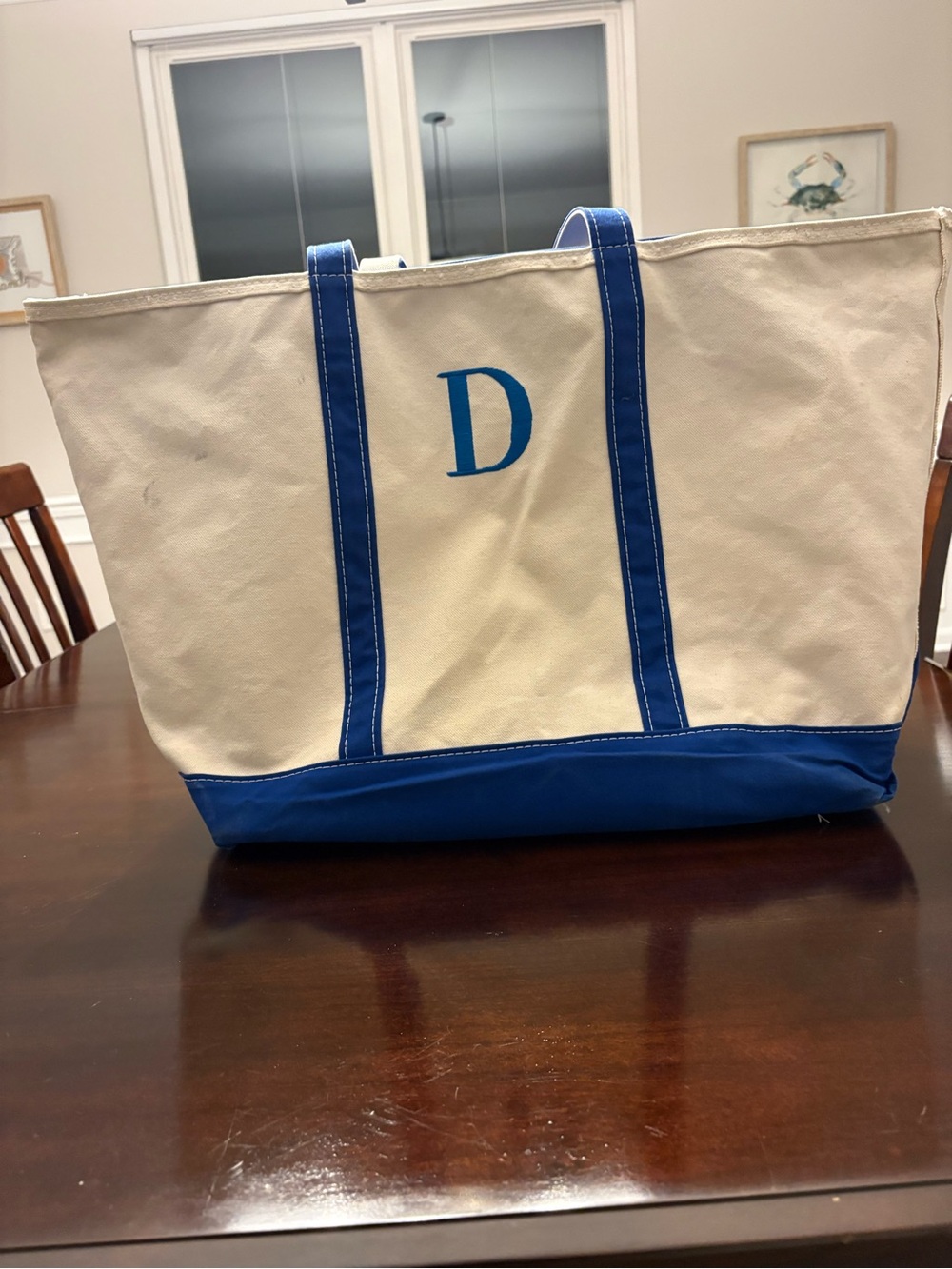 L.L. Bean Cream and Blue Canvas Boat Tote with Monogram